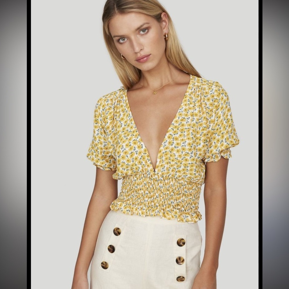 Yellow Floral Smocked V-Neck Crop Top